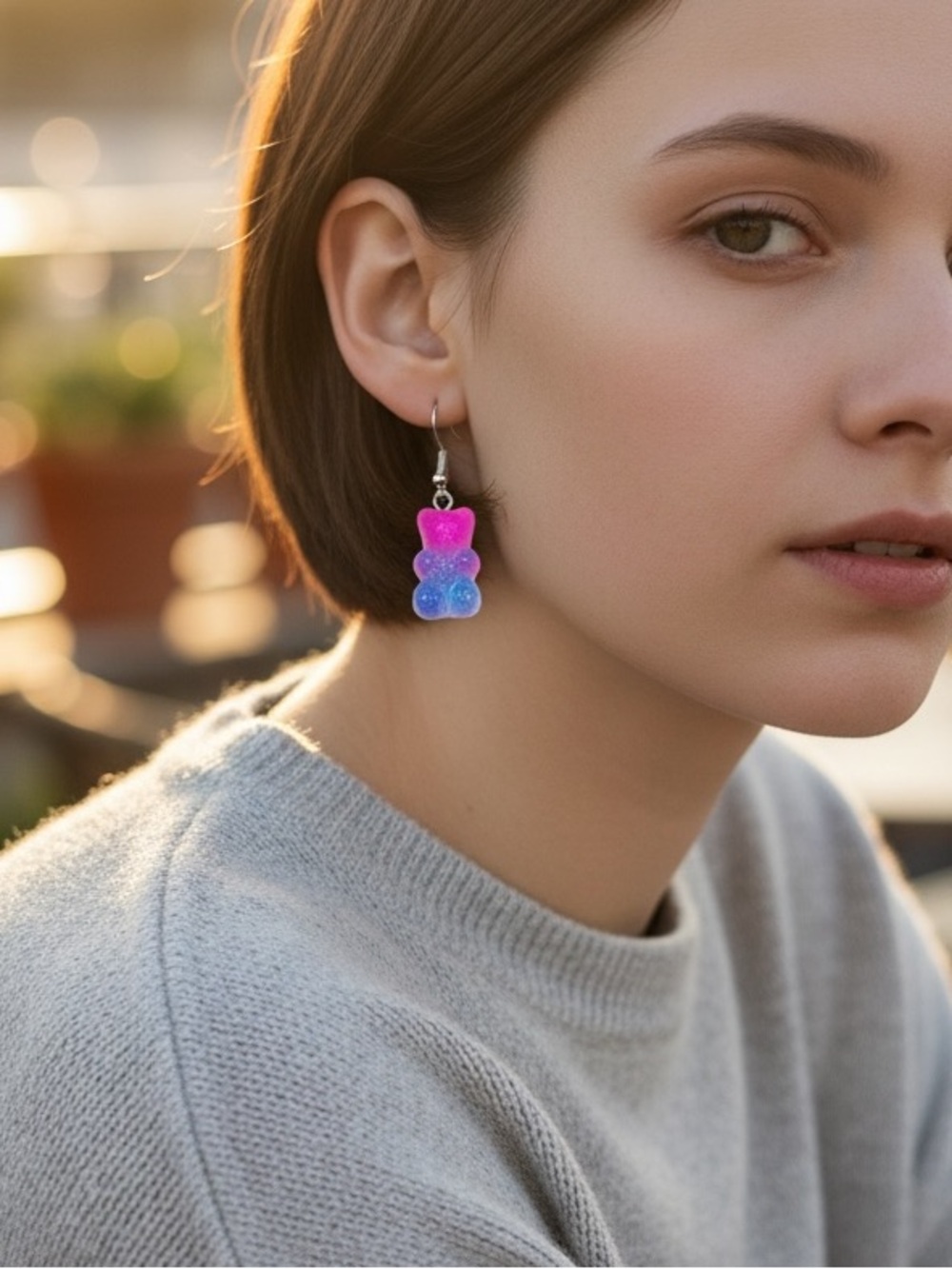 Vibrant Ombre Gummy Bear Earrings Pink Blue Glitter Kawaii Candy Resin Earrings